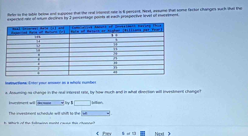 Refer to the table below and suppose that the real interest rate is 6 percent. Next, assume that some factor changes such that the 
expected rate of return declines by 2 percentage points at each prospective level of investment. 
Instructions: Enter your answer as a whole number 
a. Assuming no change in the real interest rate, by how much and in what direction will investment change? 
Investment will decrease by $ □ billion. 
The investment schedule will shift to the left □  
h Which of the following might cause this change? 
Prev 5 of 13 Next