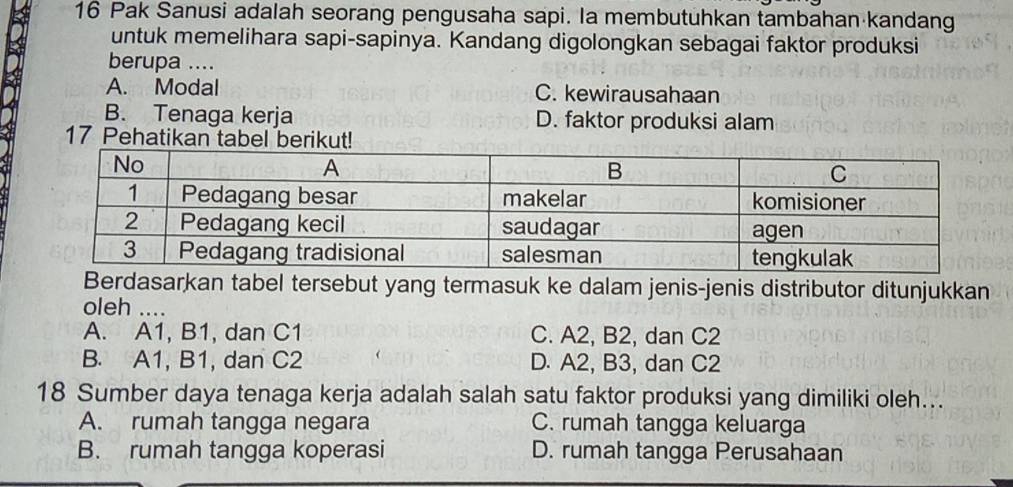 Pak Sanusi adalah seorang pengusaha sapi. la membutuhkan tambahan kandang
untuk memelihara sapi-sapinya. Kandang digolongkan sebagai faktor produksi
berupa ....
A. Modal C. kewirausahaan
B. Tenaga kerja D. faktor produksi alam
17 Pehatikan tabel berikut!
Berdasarkan tabel tersebut yang termasuk ke dalam jenis-jenis distributor ditunjukkan
oleh_
A. A1, B1, dan C1 C. A2, B2, dan C2
B. A1, B1, dan C2 D. A2, B3, dan C2
18 Sumber daya tenaga kerja adalah salah satu faktor produksi yang dimiliki oleh...
A. rumah tangga negara C. rumah tangga keluarga
B. rumah tangga koperasi D. rumah tangga Perusahaan