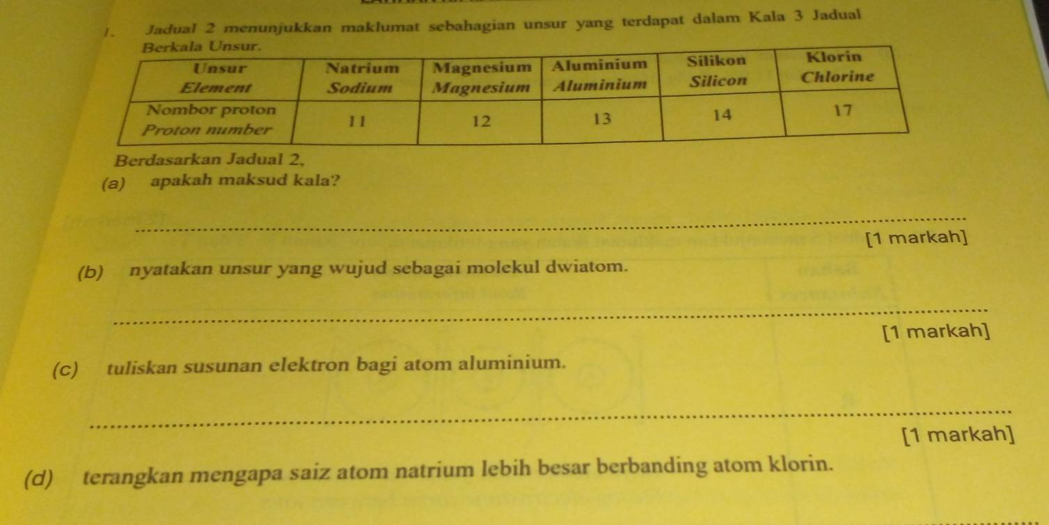 Jadual 2 menunjukkan maklumat sebahagian unsur yang terdapat dalam Kala 3 Jadual 
Berdasarkan Jadual 2, 
(a) apakah maksud kala? 
_ 
[1 markah] 
(b) nyatakan unsur yang wujud sebagai molekul dwiatom. 
_ 
[1 markah] 
(c) tuliskan susunan elektron bagi atom aluminium. 
_ 
[1 markah] 
(d) terangkan mengapa saiz atom natrium lebih besar berbanding atom klorin.