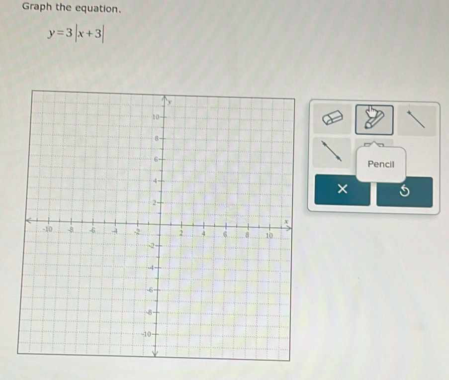 Graph the equation.
y=3|x+3|
Pencil 
×