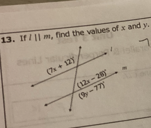 If l||m , find the values of x and y.