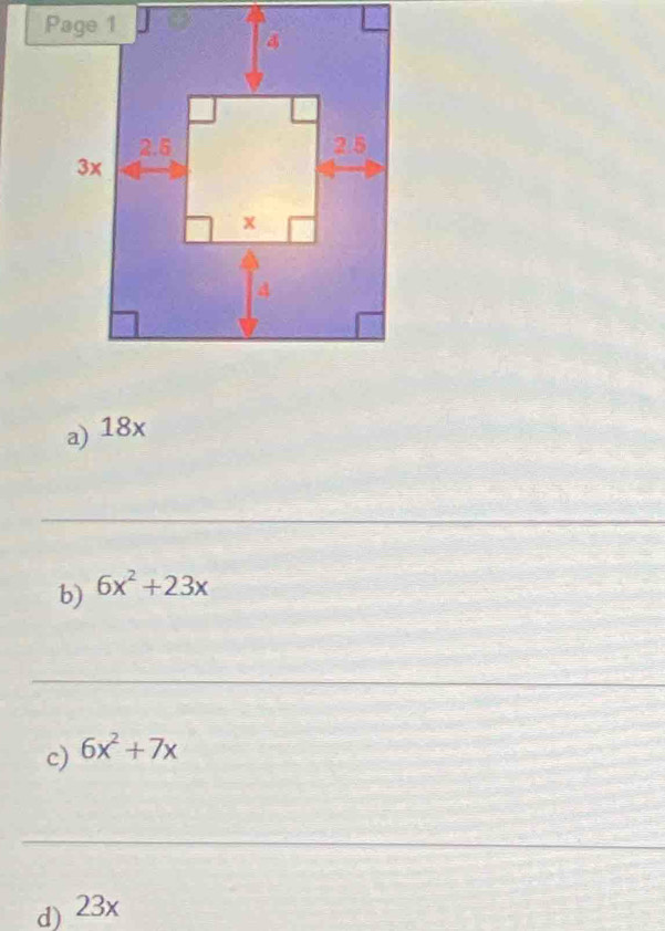 18x
_ 
b) 6x^2+23x
_ 
c) 6x^2+7x
_ 
d) 23x