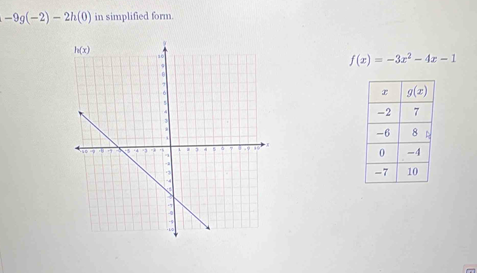 -9g(-2)-2h(0) in simplified form.
f(x)=-3x^2-4x-1