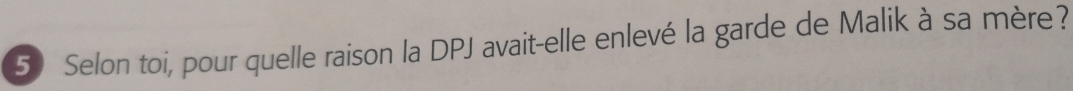 Selon toi, pour quelle raison la DPJ avait-elle enlevé la garde de Malik à sa mère?