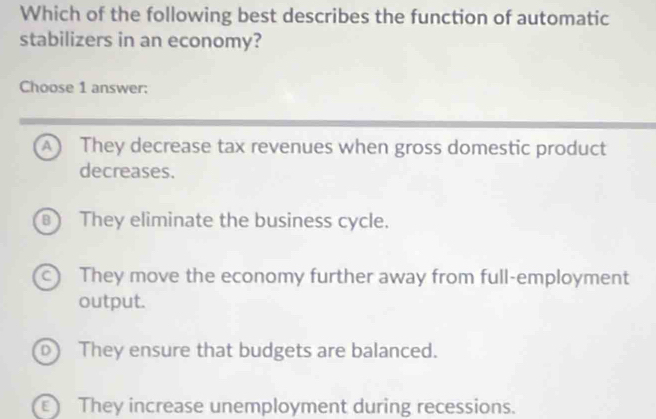 Which of the following best describes the function of automatic
stabilizers in an economy?
Choose 1 answer:
A They decrease tax revenues when gross domestic product
decreases.
They eliminate the business cycle.
c) They move the economy further away from full-employment
output.
D) They ensure that budgets are balanced.
) They increase unemployment during recessions.