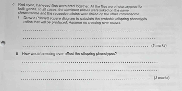 Red-eyed, bar-eyed flies were bred together. All the flies were heterozygous for 
both genes. In all cases, the dominant alleles were linked on the same 
chromosome and the recessive alleles were linked on the other chromosome. 
i Draw a Punnett square diagram to calculate the probable offspring phenotypic 
ratios that will be produced. Assume no crossing over occurs. 
_ 
_ 
_(3 marks) 
11 How would crossing over affect the offspring phenotypes? 
_ 
_ 
_(3 marks)