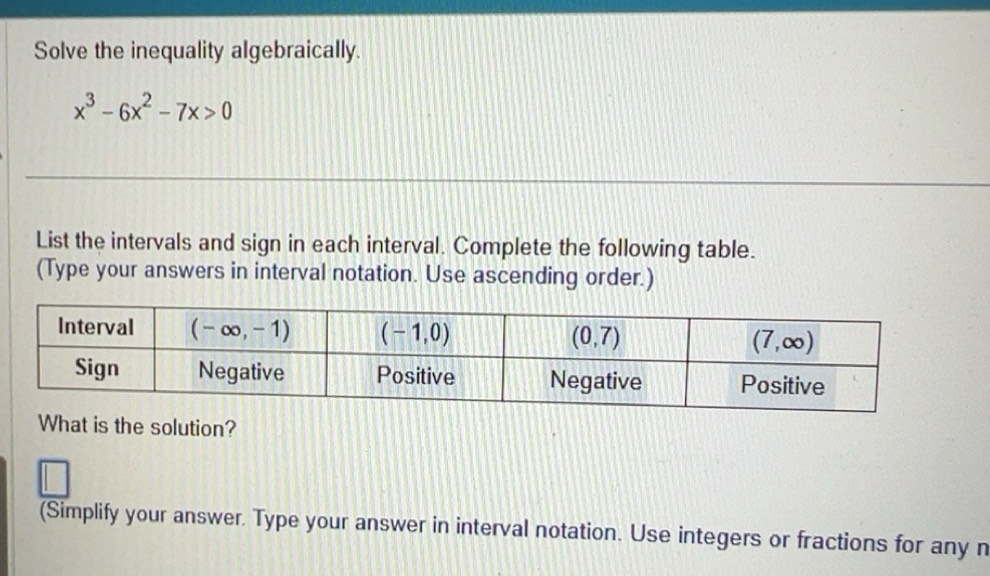 Solved: Solve the inequality algebraically. x^3-6x^2-7x>0 List the ...