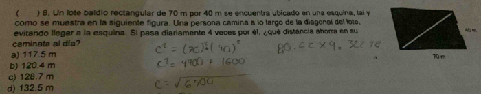 ( ) 8. Un lote baldio rectangular de 70 m por 40 m se encuentra ubicado en una esquina, tal y
como se muestra en la siguiente figura. Una persona camina a lo largo de la diagonal del lote,
evitando llegar a la esquina. Si pasa diariamente 4 veces por él, ¿qué distancia ahorra en su
caminata al día?
a) 117.5 m
b) 120.4 m
c) 128.7 m
d) 132.5 m