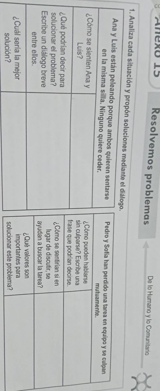 Resolvemos problemas 
Añexo 15 De lo Humano y lo Comunitario 
1. Analiza cada situación