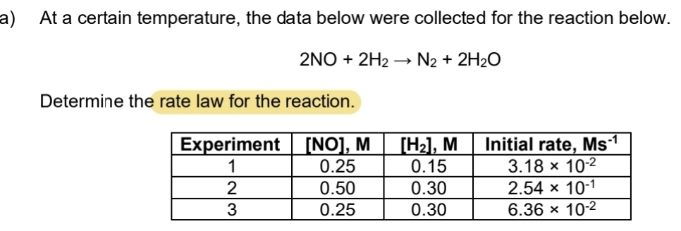 At a certain temperature, the data below were collected for the reaction below.
2NO+2H_2to N_2+2H_2O
Determine the rate law for the reaction.