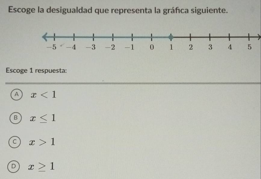 Escoge la desigualdad que representa la gráfca siguiente.
Escoge 1 respuesta:
A x<1</tex>
B x≤ 1
C x>1
D x≥ 1