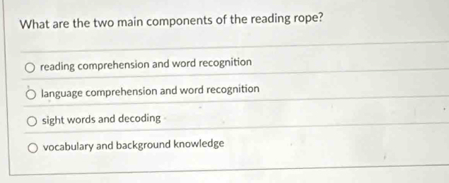 What are the two main components of the reading rope?
reading comprehension and word recognition
language comprehension and word recognition
sight words and decoding
vocabulary and background knowledge