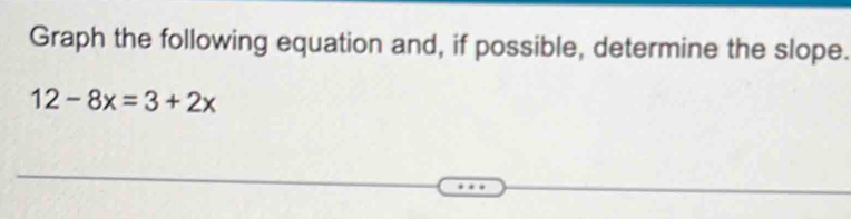 Graph the following equation and, if possible, determine the slope.
12-8x=3+2x