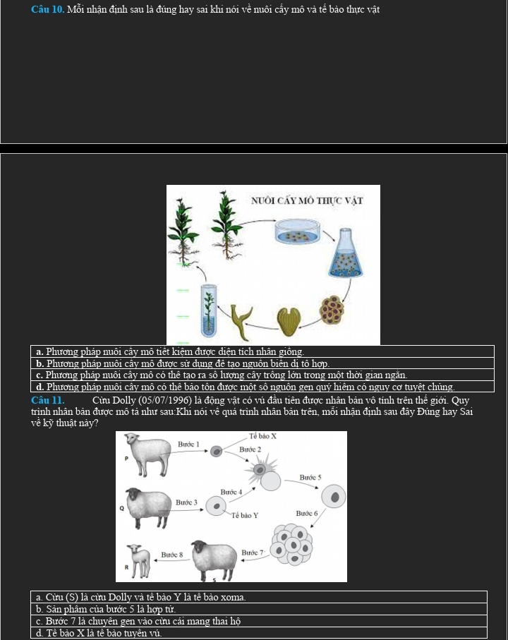 Mỗi nhận định sau là đúng hay sai khi nói về nuôi cấy mô và tế bào thực vật
a. Phương pháp nuôi cây mô tiết kiệm được diện tích nhân giông.
b. Phương pháp nuôi cây mô được sử dụng đê tạo nguồn biển dị tô hợp
c. Phương pháp nuôi cầy mô có thể tạo ra sồ lượng cây trồng lớn trong một thời gian ngằn
d. Phương pháp nuôi cây mô có thể bảo tồn được một số nguồn gen quý hiểm có nguy cơ tuyệt chùng.
Câu 11. Cừu Dolly (05/07/1996) là động vật có vú đầu tiên được nhân bản vô tinh trên thể giới. Quy
trình nhân bản được mô tả như sau:Khi nói về quá trình nhân bản trên, mỗi nhận định sau đây Đúng hay Sai
về kỹ thuật này?
a. Cừu (S) là cửu Dolly và tế bảo Y là tê bảo xoma.
b. Sản phâm của bước 5 là hợp tử.
c. Bước 7 là chuyên gen vào cửu cái mang thai hộ
d. Tê bào X là tê bào tuyên vú