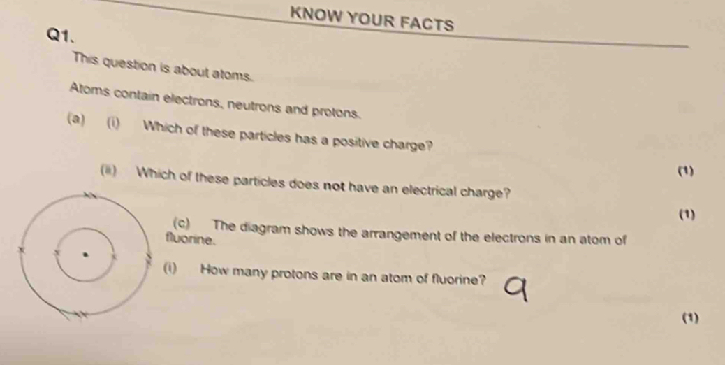 KNOW YOUR FACTS 
Q1. 
This question is about atoms. 
Atoms contain electrons, neutrons and protons. 
(a) (i) Which of these particles has a positive charge? 
(1) 
(ii) Which of these particles does not have an electrical charge? 
(1) 
(c) The diagram shows the arrangement of the electrons in an atom of 
fluorine. 
(i) How many protons are in an atom of fluorine? a 
(1)