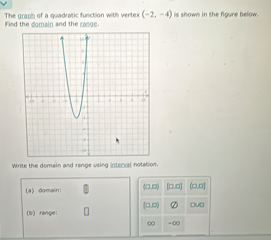 The graph of a quadratic function with vertex (-2,-4) is shown in the figure below. 
Find the domain and the range. 
Write the domain and range using interval notation. 
(a) domain:
(□ ,□ ) [□ ,□ ] (□ ,□ )
(□ ,□ ) D □ U□
(b) range: 
∞ = C bigcirc