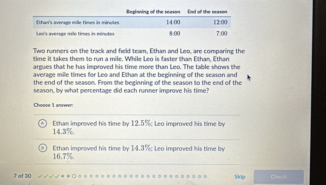 Two runners on the track and field team, Ethan and Leo, are comparing the
time it takes them to run a mile. While Leo is faster than Ethan, Ethan
argues that he has improved his time more than Leo. The table shows the
average mile times for Leo and Ethan at the beginning of the season and
the end of the season. From the beginning of the season to the end of the
season, by what percentage did each runner improve his time?
Choose 1 answer:
Ethan improved his time by 12.5%; Leo improved his time by
14.3%.
Ethan improved his time by 14.3%; Leo improved his time by
16.7%.
7 of 30 Skip Check