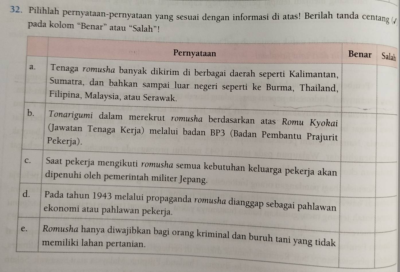 Pilihlah pernyataan-pernyataan yang sesuai dengan informasi di atas! Berilah tanda centang (/ 
pada kolom “Benar” atau “Salah”! 
lah