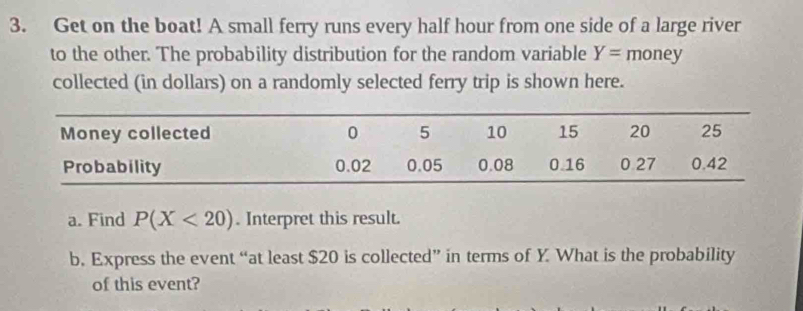 Get on the boat! A small ferry runs every half hour from one side of a large river 
to the other. The probability distribution for the random variable Y= money 
collected (in dollars) on a randomly selected ferry trip is shown here. 
a. Find P(X<20). Interpret this result. 
b. Express the event “at least $20 is collected” in terms of Y. What is the probability 
of this event?