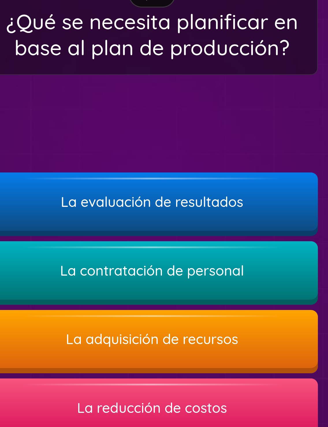 ¿Qué se necesita planificar en
base al plan de producción?
La evaluación de resultados
La contratación de personal
La adquisición de recursos
La reducción de costos