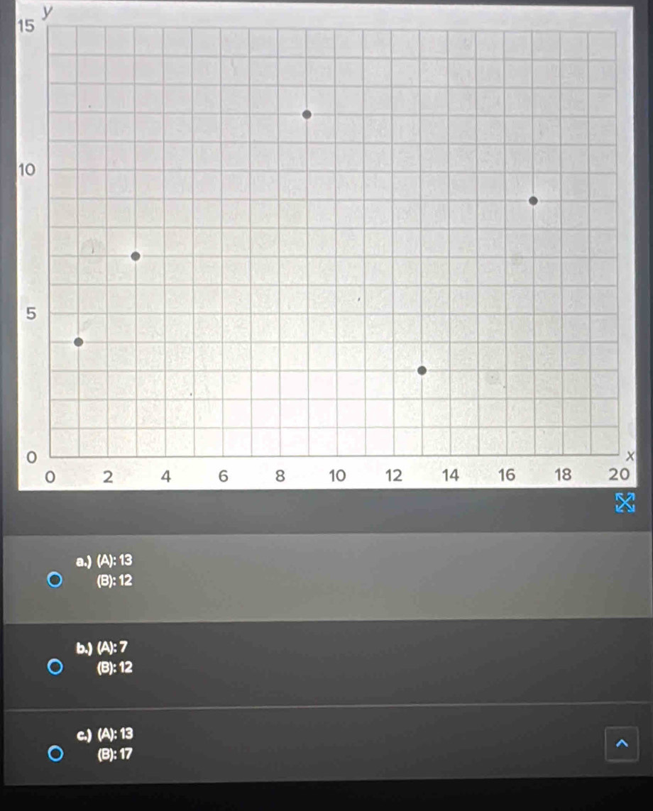 y
15
1
x
0
a.) (A): 13
(B): 12
b.) (A):7
(B):12
c.) (A):13
(B):17