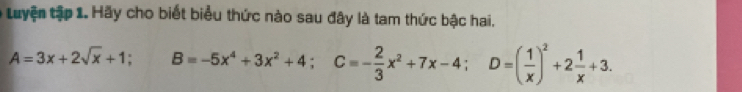 # Luyện tập 1. Hãy cho biết biểu thức nào sau đây là tam thức bậc hai.
A=3x+2sqrt(x)+1; ^circ  B=-5x^4+3x^2+4; C=- 2/3 x^2+7x-4; D=( 1/x )^2+2 1/x +3. ^circ 