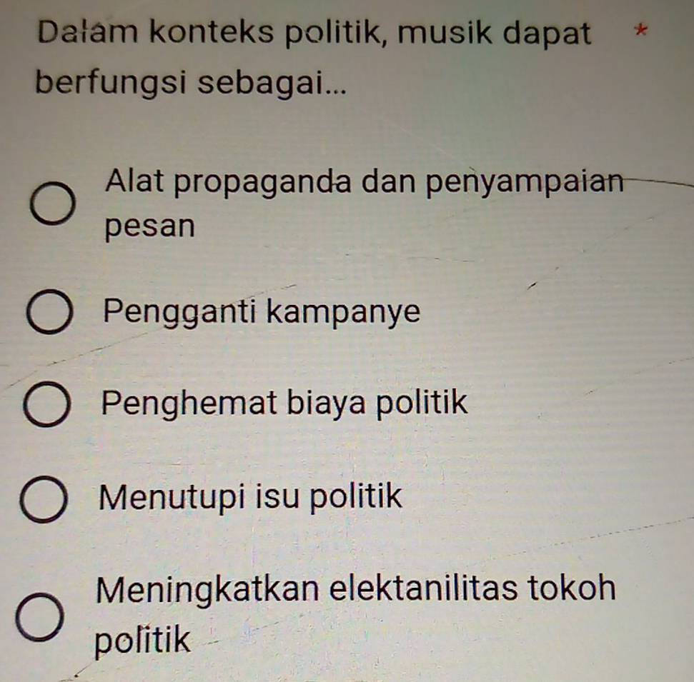 Dałam konteks politik, musik dapat *
berfungsi sebagai...
Alat propaganda dan penyampaian
pesan
Pengganti kampanye
Penghemat biaya politik
Menutupi isu politik
Meningkatkan elektanilitas tokoh
politik