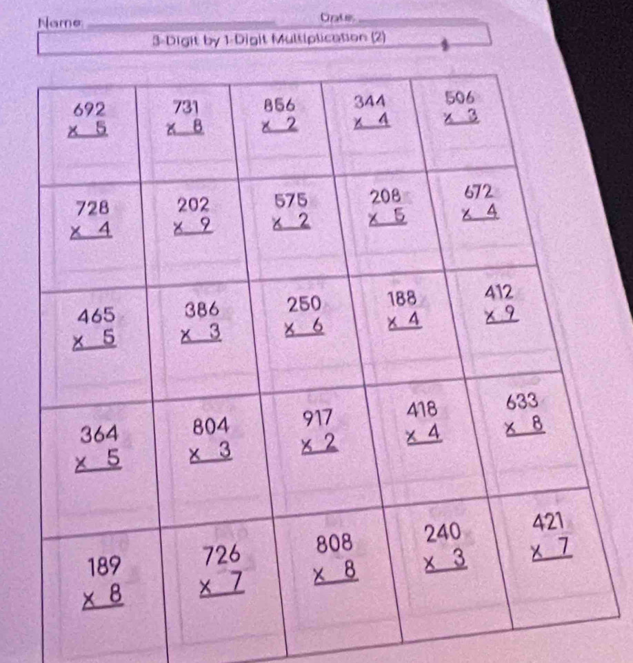 Name _Crate_
3-Digit by 1-Digit Multiplication (2)