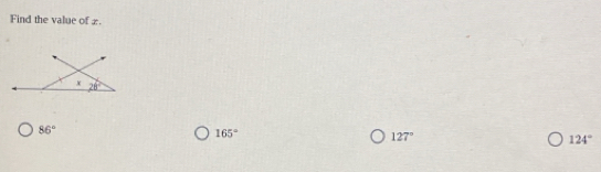 Find the value of £.
X 28°
86°
165°
127°
124°