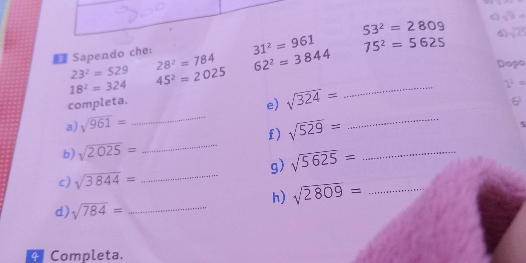 sqrt(5)=
53^2=2809
€ Sapendo che:
31^2=961
6 sqrt(25)
75^2=5625
_
23^2=529 28^2=784
62^2=3844
Dogo
18^2=324 45^2=2025
1^2=
_ 
_ 
e) sqrt(324)=
completa. 6^2
a) sqrt(961)=
f) sqrt(529)=
5 
b) sqrt(2025)= _ 
g) sqrt(5625)= _ 
c) sqrt(3844)= _ 
h) sqrt(2809)= _ 
d) sqrt(784)= _ 
4 Completa.