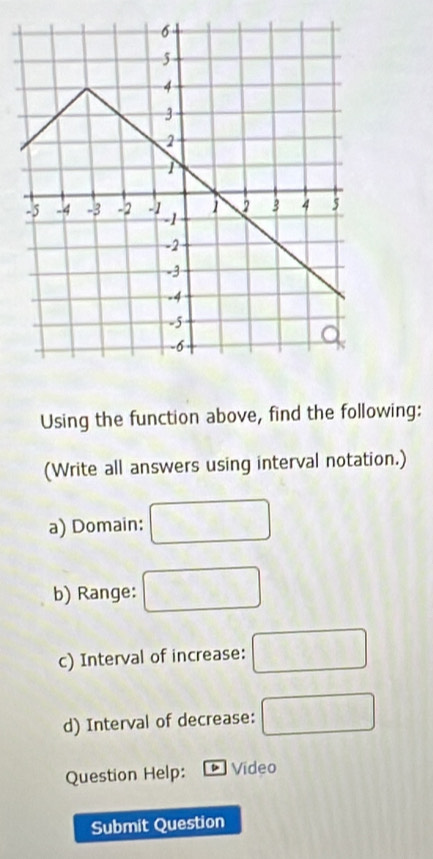 Using the function above, find the following: 
(Write all answers using interval notation.) 
a) Domain: (7s°)
b) Range: □
c) Interval of increase: □
d) Interval of decrease: □ 
Question Help: Video 
Submit Question