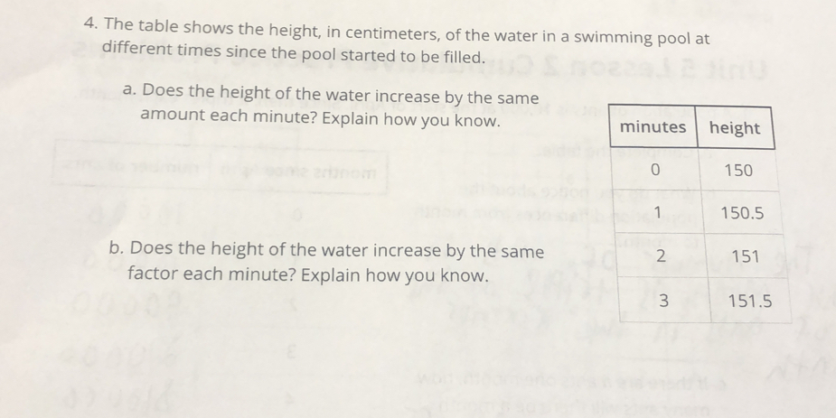 The table shows the height, in centimeters, of the water in a swimming pool at 
different times since the pool started to be filled. 
a. Does the height of the water increase by the same 
amount each minute? Explain how you know. 
b. Does the height of the water increase by the same 
factor each minute? Explain how you know.