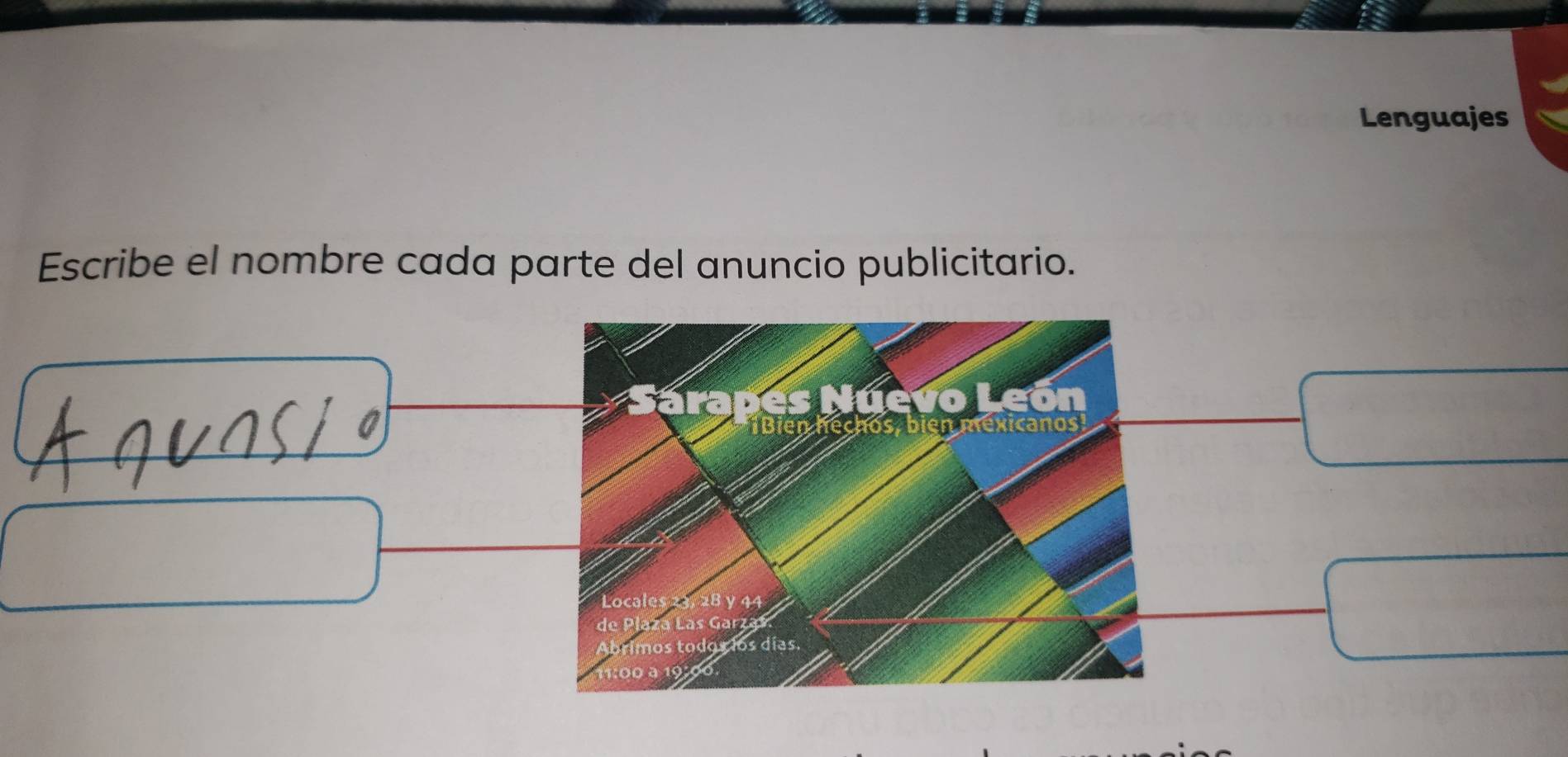 Lenguajes 
Escribe el nombre cada parte del anuncio publicitario.