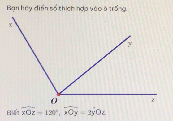 Bạn hãy điển số thích hợp vào ô trống. 
Biết widehat xOz=120°, widehat xOy=2hat yOz.