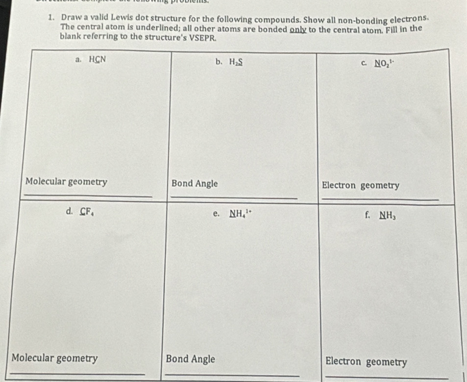 Draw a valid Lewis dot structure for the following compounds. Show all non-bonding electrons.
The central atom is underlined; all other atoms are bonded only to the central atom. Fill in the
blank 
_
M
_
_