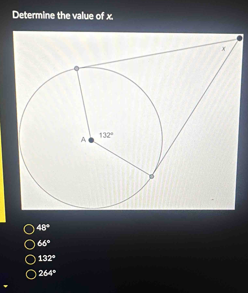 Determine the value of x.
48°
66°
132°
264°