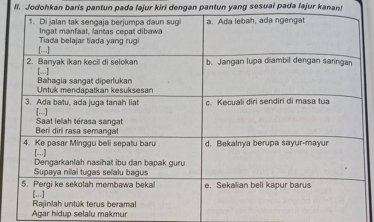 ll. Jodohkan baris pantun pada lajur kiri dengan pantun yang sesuai pada lajur kanan! 
Agar hidup selalu makmur