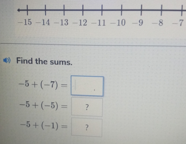 Find the sums.
-5+(-7)=□
-5+(-5)= ？
-5+(-1)= ？