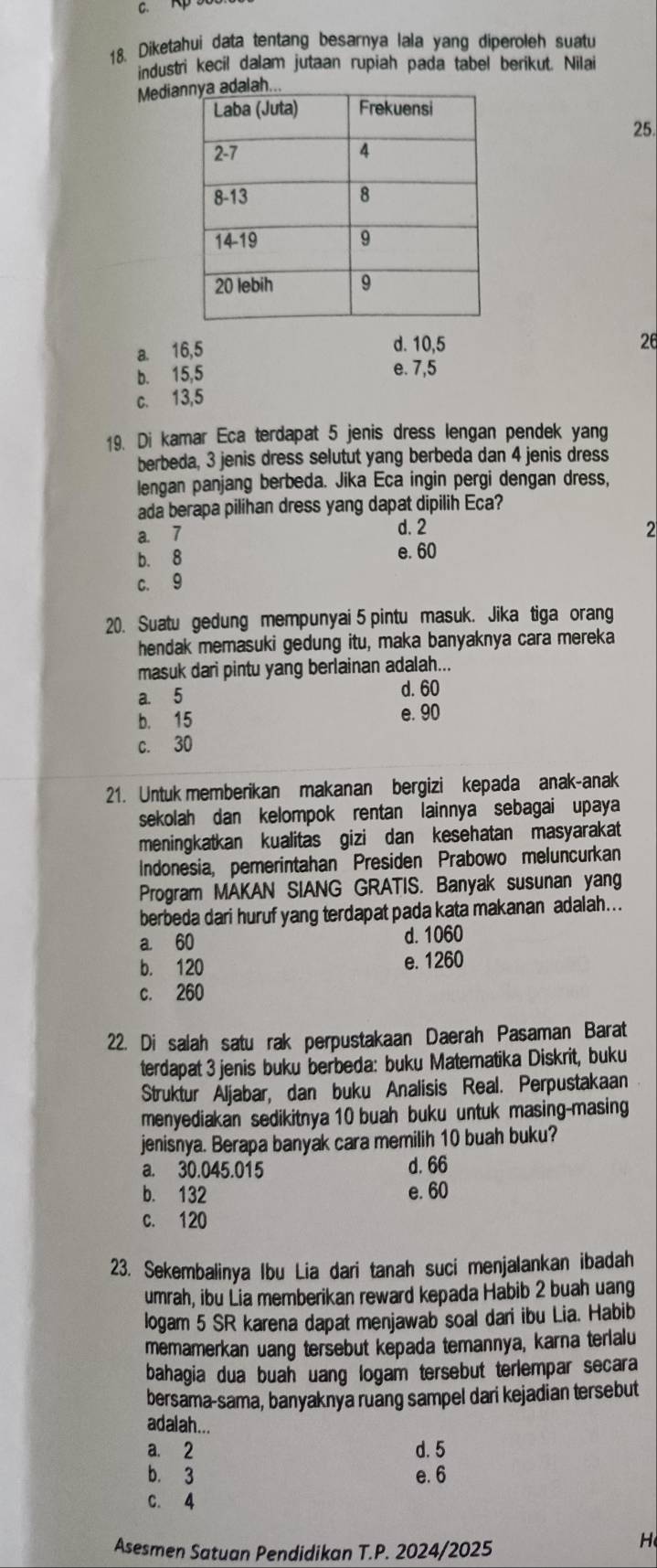 Diketahui data tentang besarnya lala yang diperoleh suatu
industri kecil dalam jutaan rupiah pada tabel berikut. Nilai
Medialah.
25
a. 16,5 d. 10,5
26
b. 15,5 e. 7,5
c. 13,5
19. Di kamar Eca terdapat 5 jenis dress lengan pendek yang
berbeda, 3 jenis dress selutut yang berbeda dan 4 jenis dress
lengan panjang berbeda. Jika Eca ingin pergi dengan dress,
ada berapa pilihan dress yang dapat dipilih Eca?
a. 7 d. 2 2
b. 8 e. 60
c. 9
20. Suatu gedung mempunyai 5 pintu masuk. Jika tiga orang
hendak memasuki gedung itu, maka banyaknya cara mereka
masuk dari pintu yang berlainan adalah...
a. 5 d. 60
b. 15 e. 90
c. 30
21. Untuk memberikan makanan bergizi kepada anak-anak
sekolah dan kelompok rentan lainnya sebagai upaya
meningkatkan kualitas gizi dan kesehatan masyarakat
Indonesia, pemerintahan Presiden Prabowo meluncurkan
Program MAKAN SIANG GRATIS. Banyak susunan yang
berbeda dari huruf yang terdapat pada kata makanan adalah...
a 60 d. 1060
b. 120 e. 1260
c. 260
22. Di salah satu rak perpustakaan Daerah Pasaman Barat
terdapat 3 jenis buku berbeda: buku Matematika Diskrit, buku
Struktur Áljabar, dan buku Analisis Real. Perpustakaan
menyediakan sedikitnya 10 buah buku untuk masing-masing
jenisnya. Berapa banyak cara memilih 10 buah buku?
a. 30.045.015 d. 66
b. 132 e. 60
c. 120
23. Sekembalinya Ibu Lia dari tanah suci menjalankan ibadah
umrah, ibu Lia memberikan reward kepada Habib 2 buah uang
logam 5 SR karena dapat menjawab soal dari ibu Lia. Habib
memamerkan uang tersebut kepada temannya, karna terialu
bahagia dua buah uang logam tersebut terlempar secara
bersama-sama, banyaknya ruang sampel dari kejadian tersebut
adalah...
a. 2 d. 5
b. 3 e. 6
C. 4
Asesmen Satuan Pendidikan T.P. 2024/2025
H