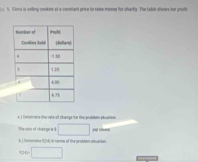 Elena is selling cookies at a constant price to raise money for charity. The table shows her profit 
a.) Determine the rate of change for the problem situation. 
The rate of change is $ □ per cookie 
b.) Determine f(24) in terms of the problem situation.
f(24)=□
Unanswered