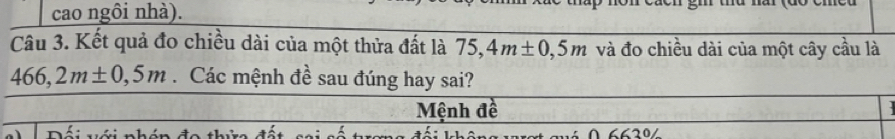 cao ngôi nhà). 
Câu 3. Kết quả đo chiều dài của một thửa đất là 75, 4m± 0,5m và đo chiều dài của một cây cầu là
466,2m± 0,5m. Các mệnh đề sau đúng hay sai? 
Mệnh đề . 
6620/