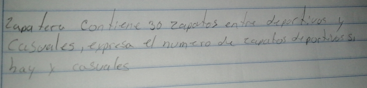 Zang tere confiene so zaporhes entre depockivos y 
Cusuales, expresa el numero du capatos dyporkivess 
bay x casuales