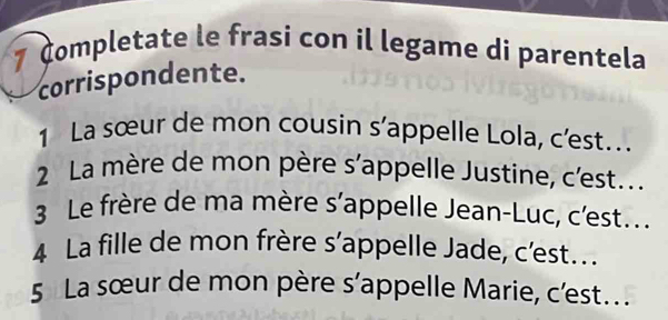 Completate le frasi con il legame di parentela 
corrispondente. 
1 La sœur de mon cousin s’appelle Lola, c’est… 
2 La mère de mon père s’appelle Justine, c'est... 
3 Le frère de ma mère s’appelle Jean-Luc, c'est . 
4 La fille de mon frère s'appelle Jade, c'est... 
5 La sœur de mon père s’appelle Marie, c'est..