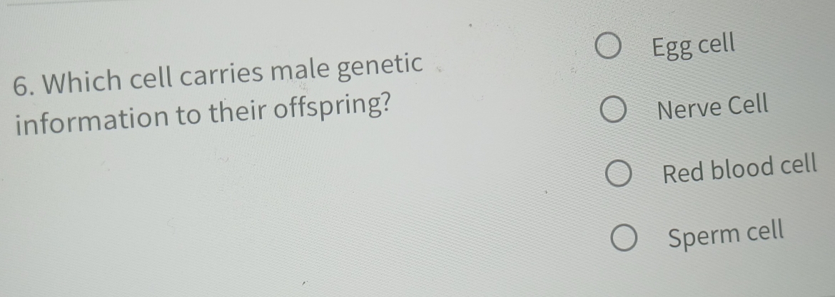 Egg cell
6. Which cell carries male genetic
information to their offspring?
Nerve Cell
Red blood cell
Sperm cell