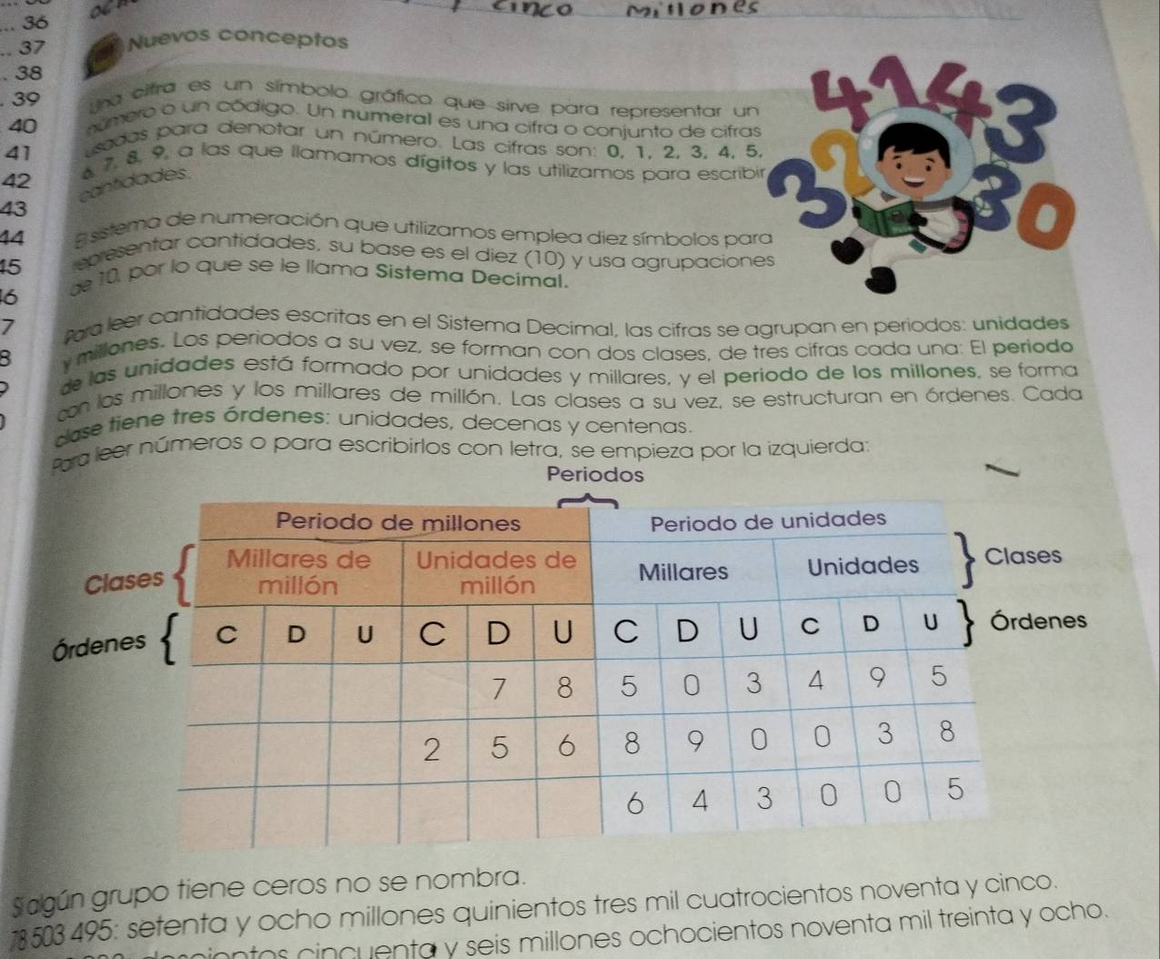 .. 36 can 
.. 37 Nuevos conceptos 
. 38 
Una cifra es un símbolo gráfico que sirve para representar un 
. 39 número o un código. Un numeral es una cifra o conjunto de cifras
40 usadas para denotar un número. Las cifras son: 0, 1, 2, 3, 4, 5
41
42
43 cantidades. 7, 8, 9, a las que llamamos dígitos y las utilizamos para escribi 
44 El sstema de numeración que utilizamos emplea diez símbolos par 
epresentar cantidades, su base es el diez (10) y usa agrupacion
15 d 10, por lo que se le llama Sistema Decimal. 
6 
7 Pra leer cantidades escritas en el Sistema Decimal, las cifras se agrupan en periodos: unidades 
y millones. Los periodos a su vez, se forman con dos clases, de tres cifras cada una: El perioda 
de las unidades está formado por unidades y millares, y el periodo de los millones, se forma 
con los millones y los millares de millón. Las clases a su vez, se estructuran en órdenes. Cada 
dase tiene tres órdenes: unidades, decenas y centenas. 
Para leer números o para escribirlos con letra, se empieza por la izquierda; 
Periodos 
agún grupo tiene ceros no se nombra. 
# 503495 : setenta y ocho millones quinientos tres mil cuatrocientos noventa y cinco. 
minntos cincuenta y seis millones ochocientos noventa mil treinta y ocho.