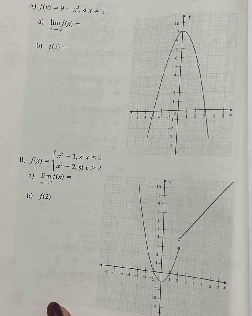 f(x)=9-x^2 , si x!= 2
a) limlimits _xto 2f(x)=
b) f(2)=
B) f(x)=beginarrayl x^2-1,six≤ 2 x^2+2,six>2endarray.
a) limlimits _xto 2f(x)=
b) f(2)