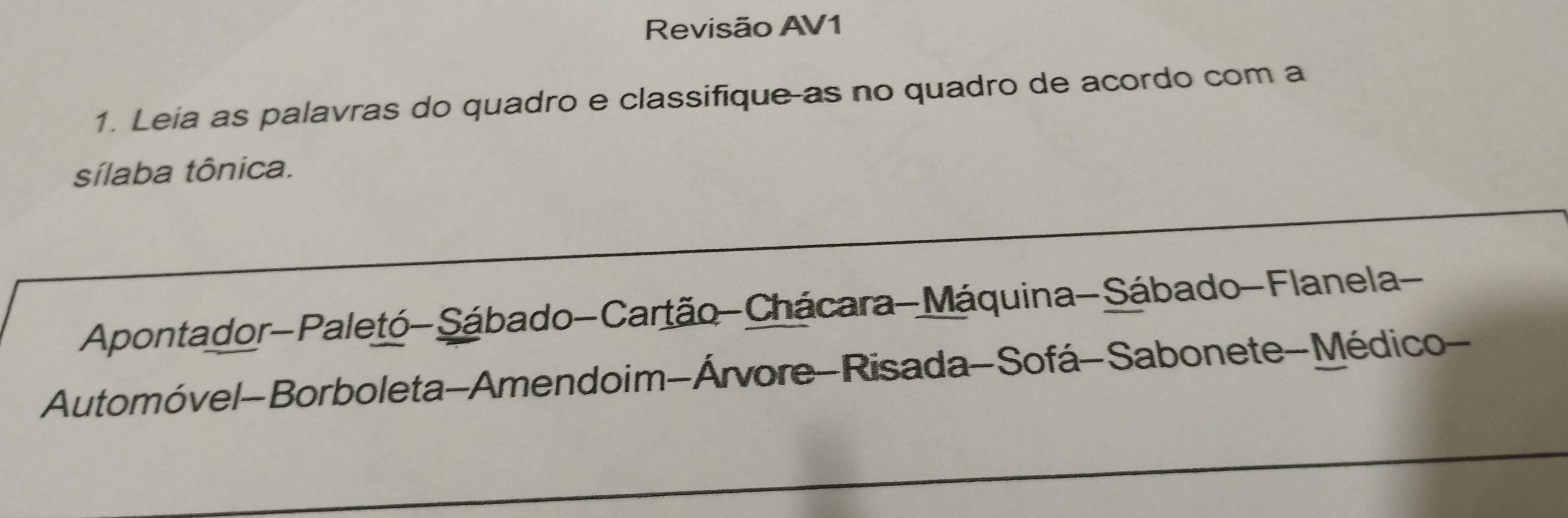 Revisão AV1 
1. Leia as palavras do quadro e classifique-as no quadro de acordo com a 
sílaba tônica. 
Apontador-Paletó-Sábado-Cartão -Chácara-Máquina-Sábado-Flanela- 
Automóvel-Borboleta-Amendoim-Árvore-Risada-Sofá-Sabonete-Médico-