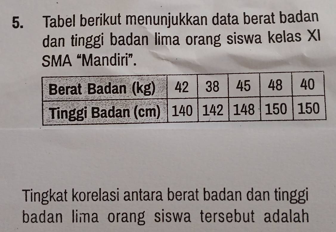 Tabel berikut menunjukkan data berat badan 
dan tinggi badan lima orang siswa kelas XI 
SMA “Mandiri”. 
Tingkat korelasi antara berat badan dan tinggi 
badan lima orang siswa tersebut adalah