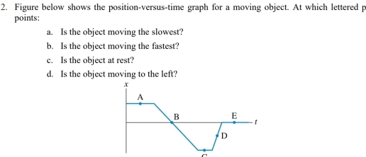 Figure below shows the position-versus-time graph for a moving object. At which lettered p 
points: 
a. Is the object moving the slowest? 
b. Is the object moving the fastest? 
c. Is the object at rest? 
d. Is the object moving to the left? 
x 
A 
B E 
1 
D