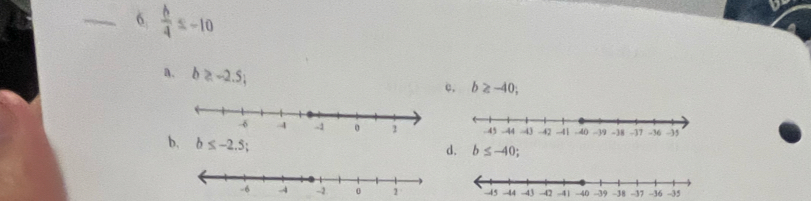  b/4 ≤ -10
a. b≥ -2.5;
c. b≥ -40;
b, b≤ -2.5;
d. b≤ -40